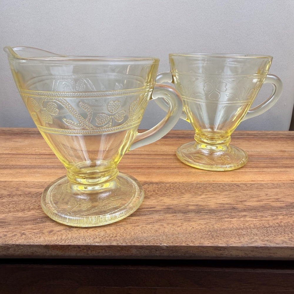 Hazel Atlas Cloverleaf Yellow Depression Glass Creamer and Sugar Bowl Set